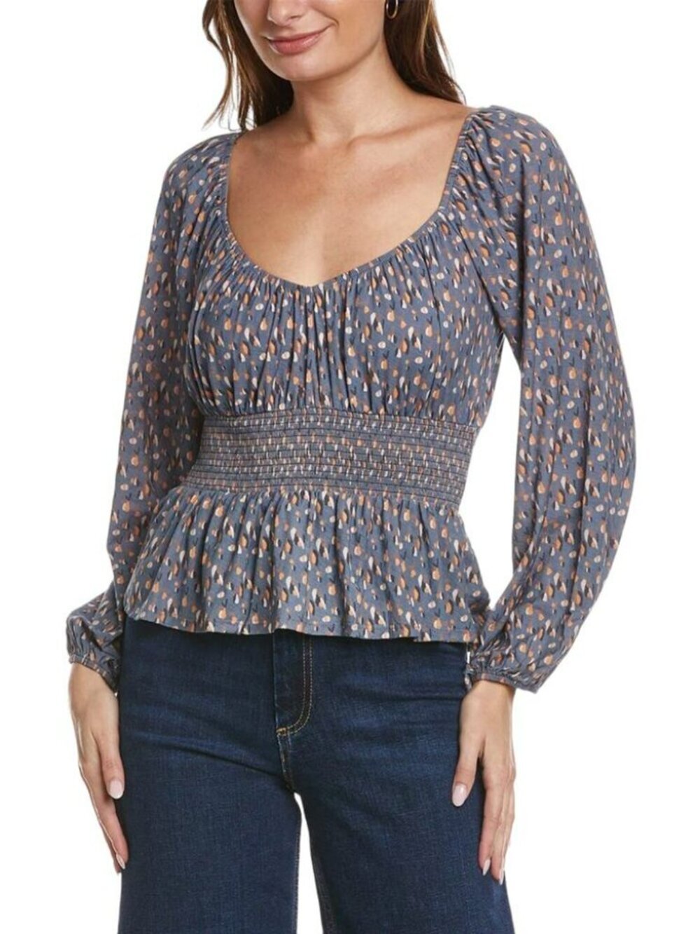 Nation LTD Sophie Gathered Blue Ditsy Floral Smocked Peplum Knit Top SZ Large